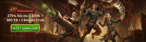 WildRobin Casino-Willkommenspaket Banner mit 275 % bis zu 2.400 € + 360 Freispiele & Bonus Crab