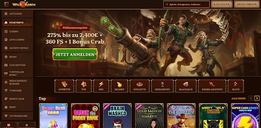 WildRobin-Startseite mit Willkommenspaket und Top-Spiele-Kategorien