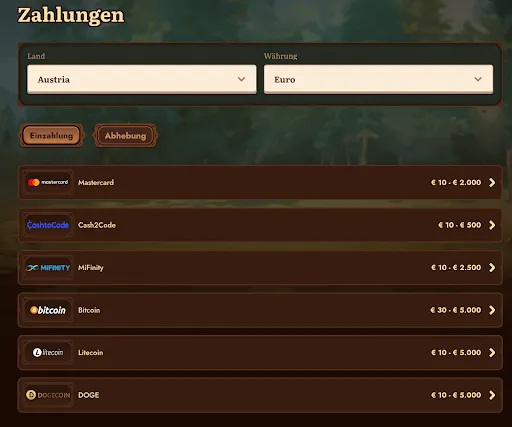 WildRobin-Zahlungsoptionen mit Mastercard, Cash2Code, MiFinity, Bitcoin, Litecoin und DOGE