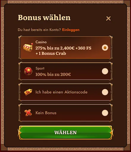 WildRobin Bonus wählen Dialog mit Optionen für Casino-Bonus, Sport-Bonus, Aktionscode und Kein Bonus