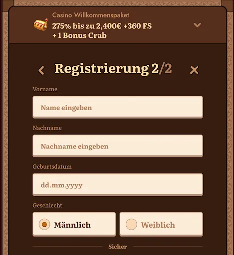 WildRobin Registrierung Schritt 2 – Vorname, Nachname, Geburtsdatum & Geschlecht eingeben
