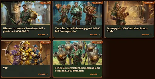 WildRobin Spezialangebote: Turniere, Münztausch, Bonus Crab, VIP & Herausforderungen