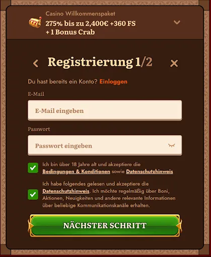 WildRobin Casino Registrierungsdialog mit E-Mail- und Passwort-Eingabe